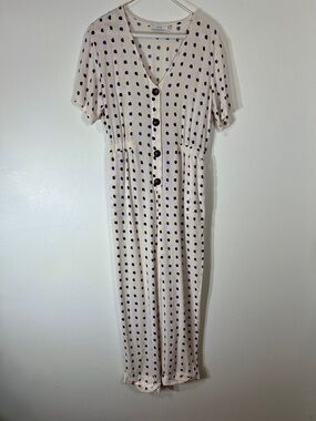 Lush Cream jumpsuit with Navy & Black Polka Dots